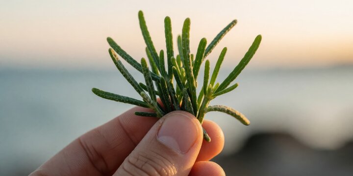 Fresh green samphire plant held in hand by the ocean, coastal foraging and edible halophyte vegetable concept for gourmet culinary photography