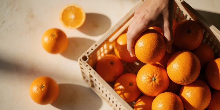 Fresh juicy oranges in a wooden crate being picked by hand on a light surface, representing healthy organic food and citrus harvest