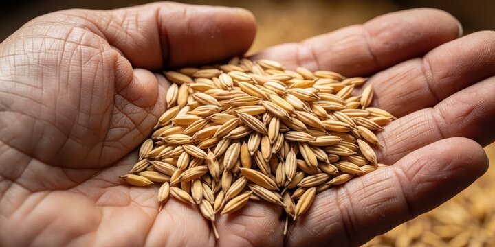 Farmer holding handful of raw rice paddy grains in cupped hands representing harvest agriculture and grain production in farming industry