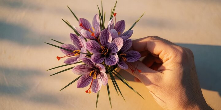 A person holding a fresh saffron crocus flower bouquet representing agriculture and spice harvesting in autumn