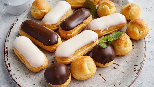 french eclairs filled with cream served in creamic plate top view.ai 