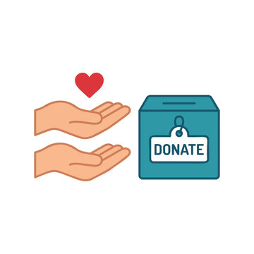 Open hands with donation box and heart icon for charity and humanitarian aid concept