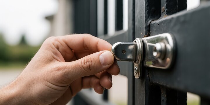 Close up of male hand opening a metal gate latch lock on a fence door, representing security, access, and home entrance control