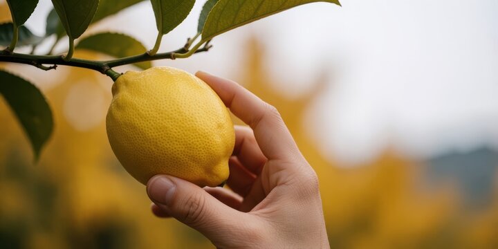 Hand picking a fresh ripe yellow lemon from a tree branch in an orchard representing harvest and healthy living