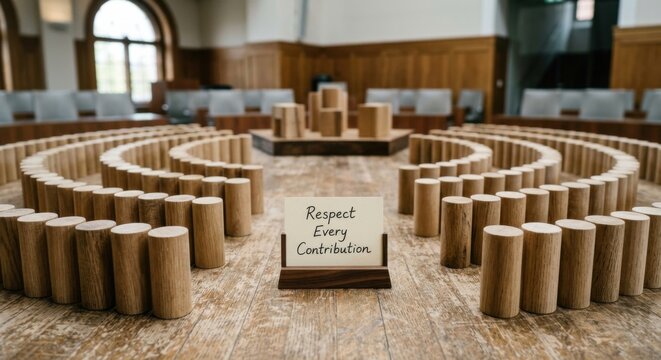 Wooden Cylinders Arranged in Assembly Chamber with 'Respect Every Contribution' Sign