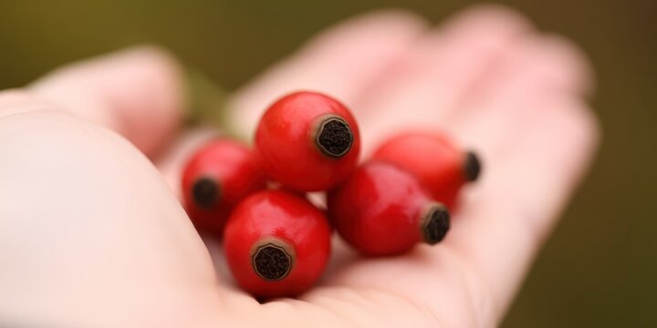 Fresh red rosehips in a human hand representing natural harvesting, herbal medicine ingredients, and organic wellness remedies for autumn health.
