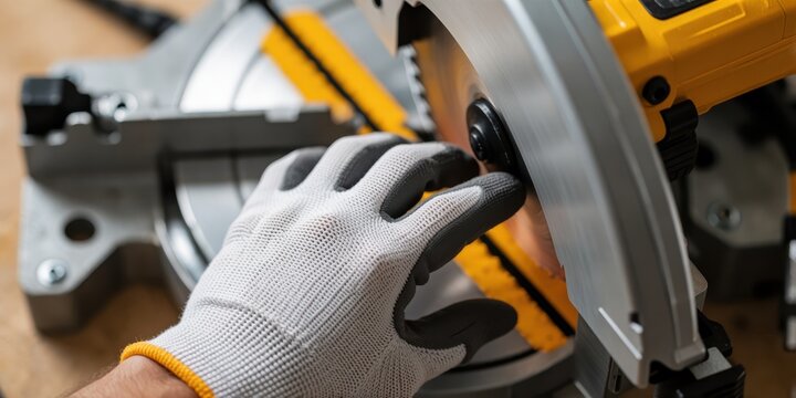 Worker wearing protective work glove dangerously close to a spinning circular saw blade in a workshop, conceptual stock photo representing workplace safety hazards and accident risks