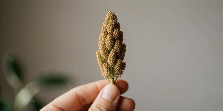 Close up of a hand holding a single stem of dried sorghum grain representing natural agriculture, harvest, and organic food production concepts.