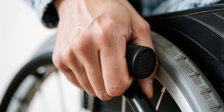 Close-up of a disabled adult man hand gripping the handrim of a wheelchair, representing mobility independence, accessibility, and medical recovery support.