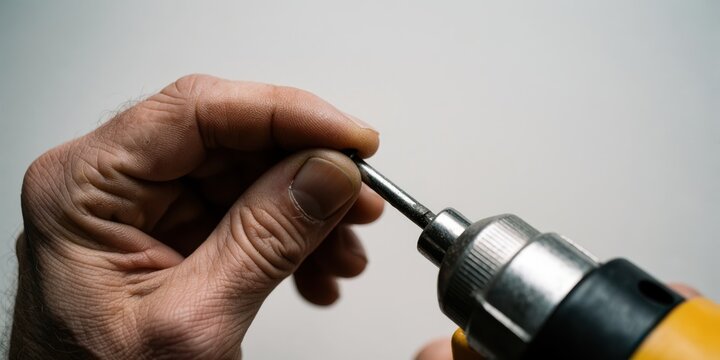Close-up of a mature adult man holding a drill bit in his hand preparing for DIY home repair project