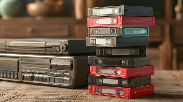Stack of vintage cassette tapes next to a classic player with magnetic tape video player old fashioned home entertainment vintage technology analog media tape deck recorded media data storage