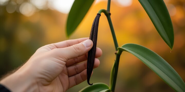 Farmer harvesting fresh vanilla bean pod from orchid plant on plantation symbolizing natural organic agriculture and spice farming production