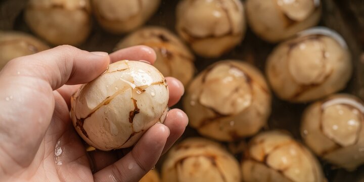 Peeling boiled water chestnuts by hand, preparing fresh crunchy aquatic vegetables for cooking delicious traditional Asian recipes