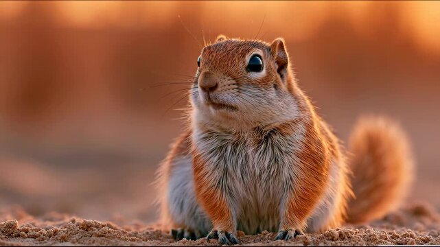 Close up portrait of cute wild chipmunk squirrel with stripes eating food in warm light.