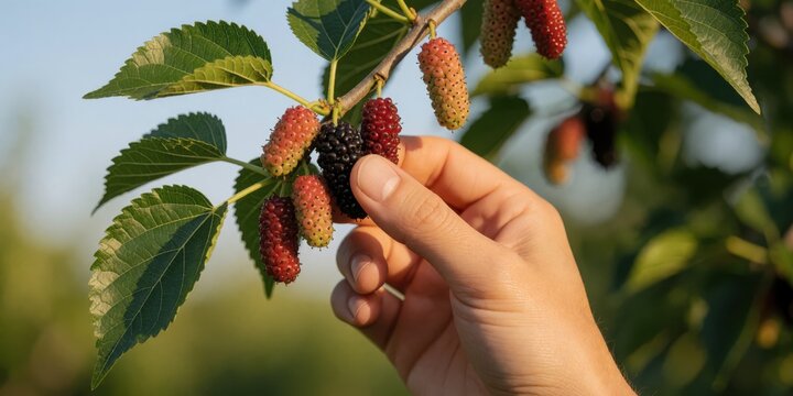 Person harvesting fresh ripe mulberries from a lush green tree branch on a sunny day representing healthy organic farming and summer fruit picking