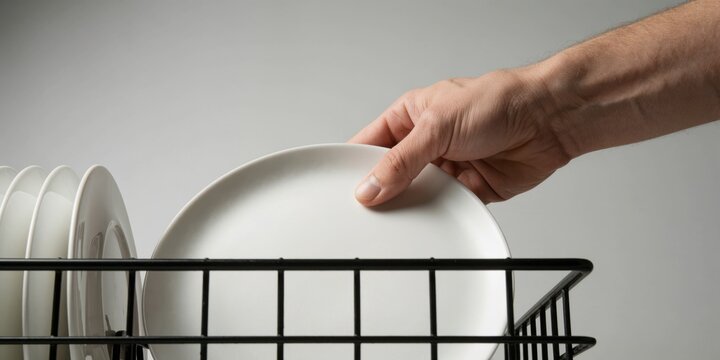A man's hand placing a clean white ceramic plate into a black metal dish rack in the kitchen, representing household chores and daily routine