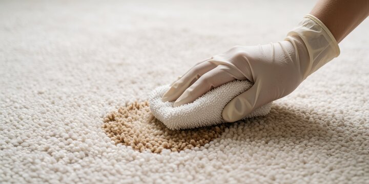 Person wearing rubber glove cleaning stain on light carpet with white cloth representing home care and spot removal