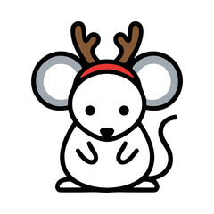 Fototapeta premium Cute cartoon mouse wearing reindeer antlers and earmuffs, isolated on white background