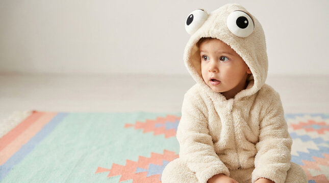Adorable baby sitting on a colorful play mat wearing a soft cute fuzzy creature hooded costume for halloween party celebration cozy infant in fluffy monster outfit indoor photoshoot.