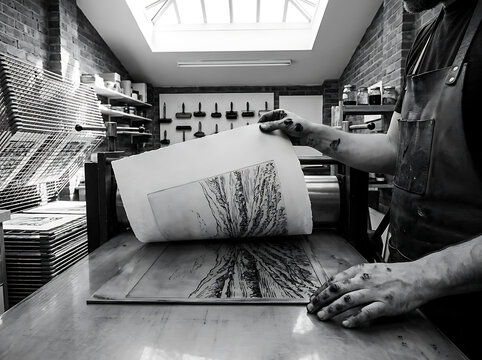 Artist peeling paper from printing plate in a professional printmaking studio workshop.