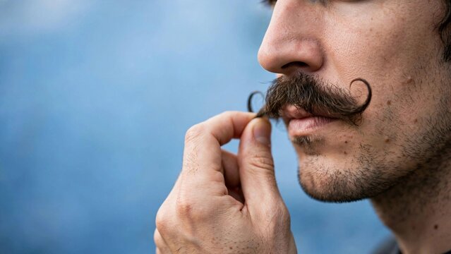 Man with a mustache wearing a blue awareness ribbon, promoting Movember and men's health awareness