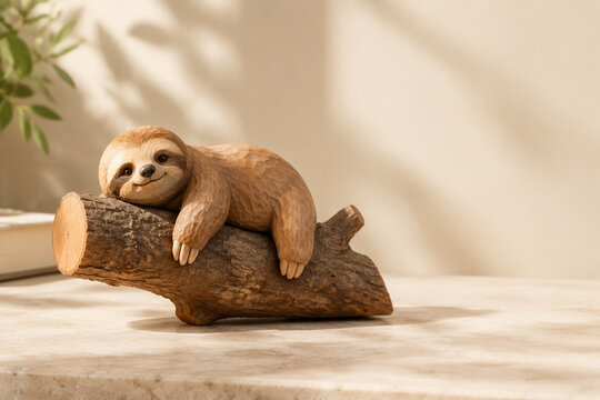 Wooden sloth figurine hanging on tree branch, nature craft concept