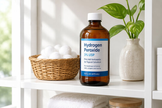 Amber glass hydrogen peroxide bottle with wicker basket and cotton balls on white shelf, home care and pharmacy concept