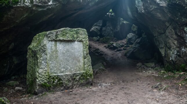 岩肌を削った素朴な石の道しるべ