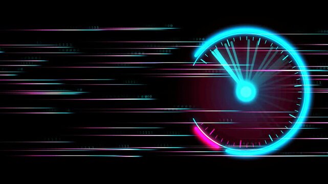 Abstract futuristic speedometer with neon blue light and digital data streams in motion