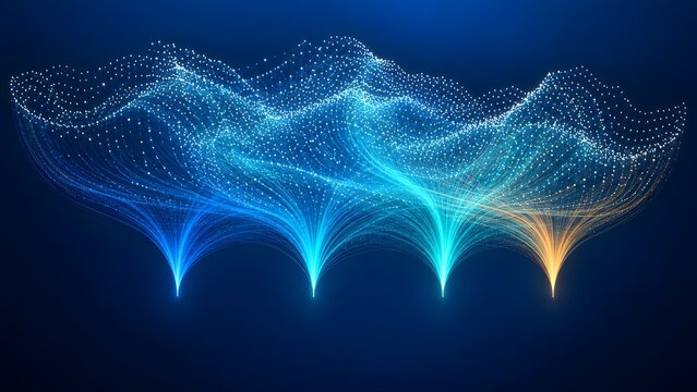 Dynamic data visualization graph with glowing digital lines merging into a continuous stream representing big data analytics and network traffic