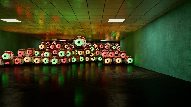 Mystery Scary Eyes Fill the Horror Abandoned Corridor