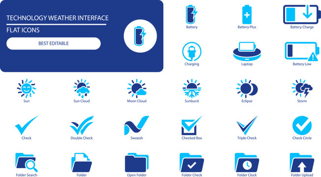 Technology and weather interface icons set. Solid glyph vector collection of battery, sun, checkmark and folder symbols for UI design