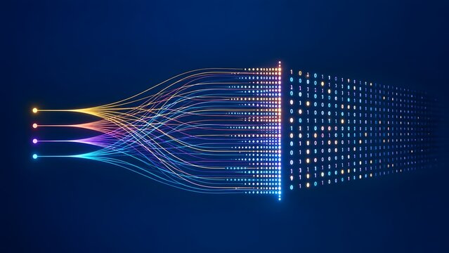 Glowing fiber optic cables merging and transforming into binary code grid representing high speed internet data transmission