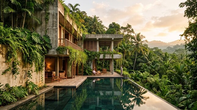 Brutalist tropical modernist luxury resort hidden in a dense lush jungle canopy with a dark stone infinity pool