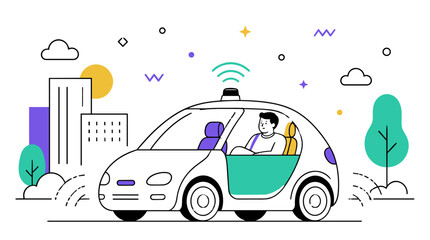 Naklejka premium Autonomous vehicle driving through modern city streets illustration.