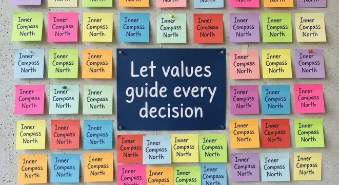 Central Message "Let values guide every decision" Surrounded by Sticky Notes with "Inner Compass North"