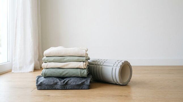 A stack of folded athletic clothing next to a gray foam roller on a wooden floor with workout clothes neutral sits beside textured pile neatly folded