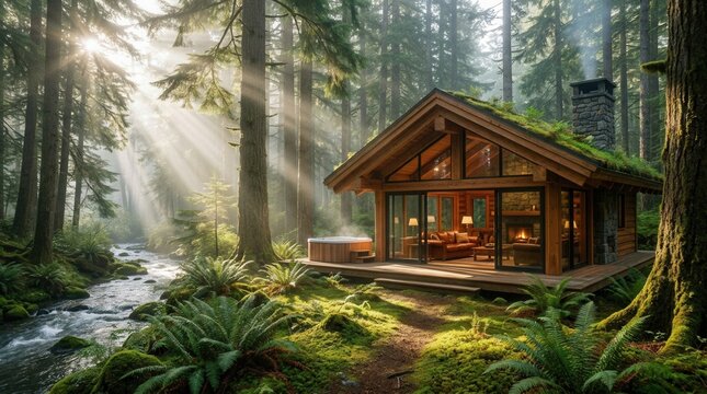 Enchanting Forest Cabin Bathed in Golden Sunbeams by a Babbling Brook.