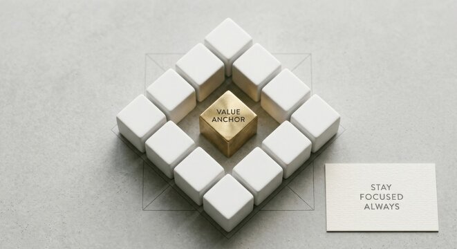Central Gold Cube Labeled Value Anchor Surrounded by White Cubes