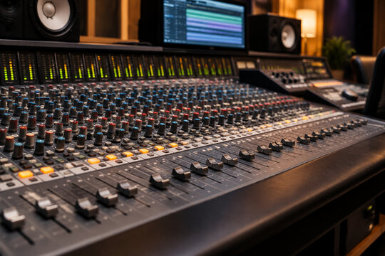 Professional recording studio mixing console with rows of knobs and faders.