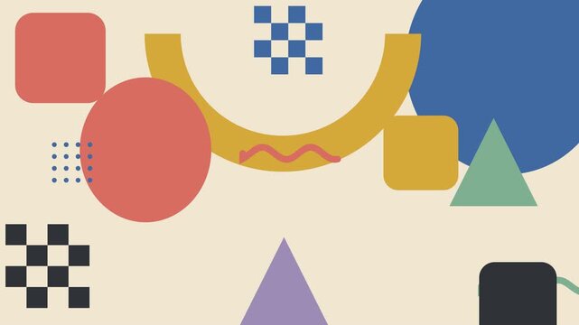 Abstract geometric motion graphic background with colorful retro memphis shapes for creative design and video presentation