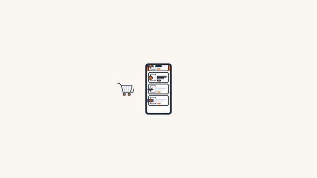 Animated vector smartphone showing mobile shopping app interface with cart and delivery parcel for ecommerce checkout