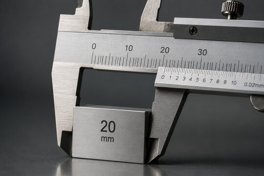 Close-up of a vernier caliper measuring a steel gauge block.