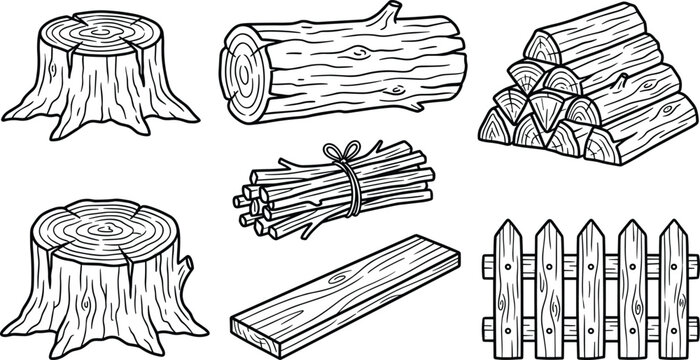 Wooden logs and tree stump vector line art illustration set with firewood kindling plank and fence