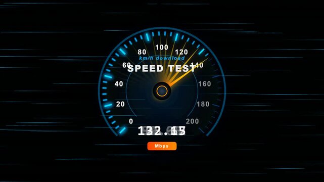 Digital speed test speedometer showing high internet download speed connection performance