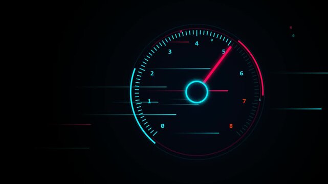 Digital speedometer with glowing neon dial and sharp needle indicating speed in a futuristic design