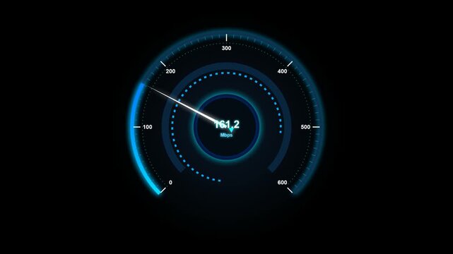 Futuristic digital speed gauge displaying high Mbps internet speed with glowing blue accents
