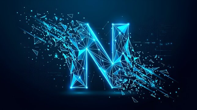 Dynamic glowing blue letter N composed of abstract technological particles, symbolizing data flow, network connectivity, and digital transformation in a futuristic context