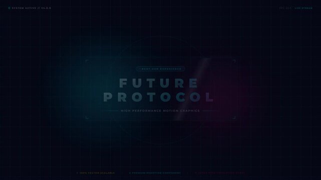 Futuristic digital overlay interface with high tech typography and glowing neon blue lines on a dark grid for motion graphics