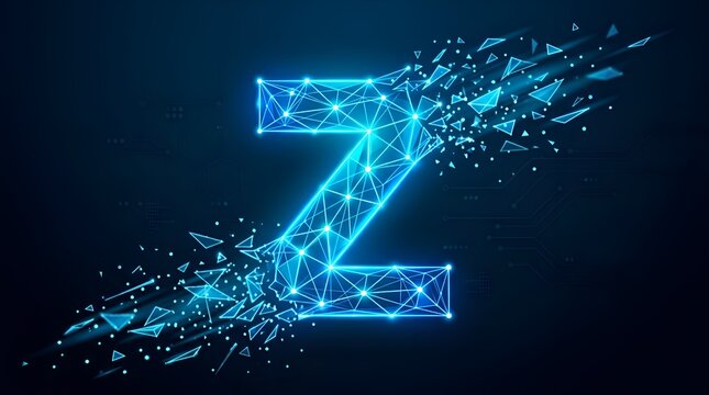 Futuristic letter Z disintegrating into glowing digital particles and plexus network lines representing technology